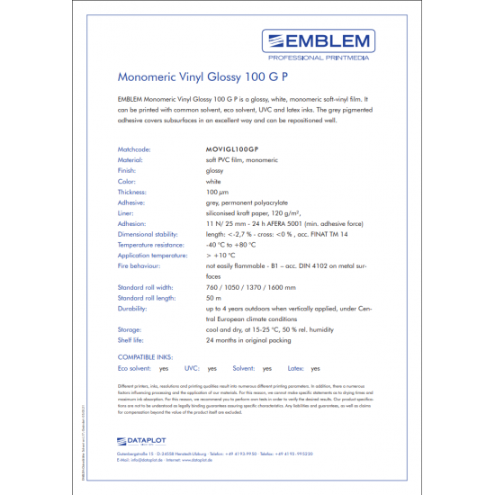 EMBLEM MONOMERIC VINYL 100mic 137x50m