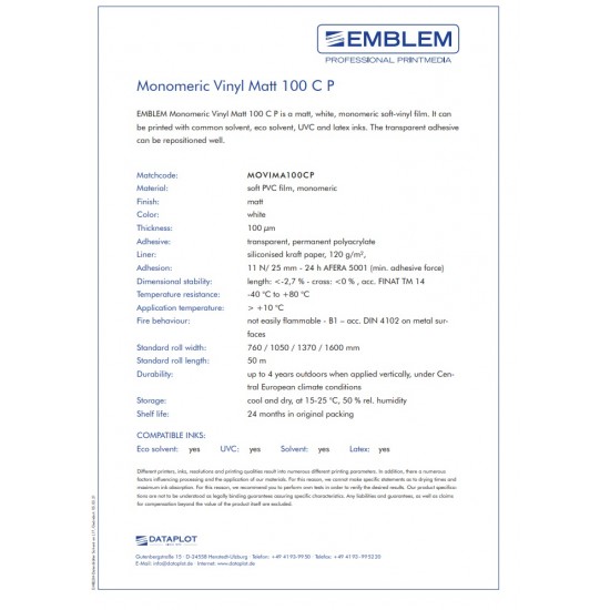 EMBLEM MONOMERIC VINYL 100mic 76x50m