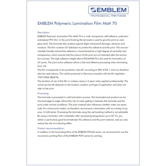 EMBLEM POLYMERIC LAMINATE MATT 1.05 x 50m