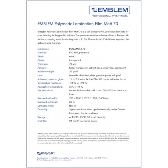 EMBLEM POLYMERIC LAMINATE MATT 1.60 x 50m
