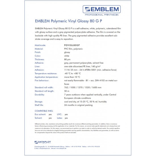 EMBLEM POLYMERIC VINYL GLOSSY 1.60 x 50m