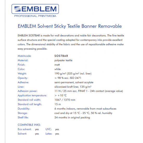 EMBLEM SOLVENT STICKY TEXTILE 1372x15m
